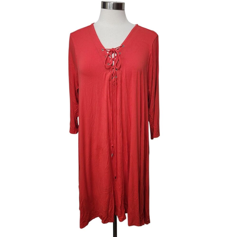 Boutique Dress 2X Red Lace Up Tassel Tie Shift Stretch Knit Pullover 3/4 Sleeve